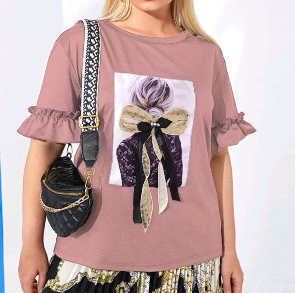 Plus Figure Graphic Bow Front Flounce Sleeve Tee